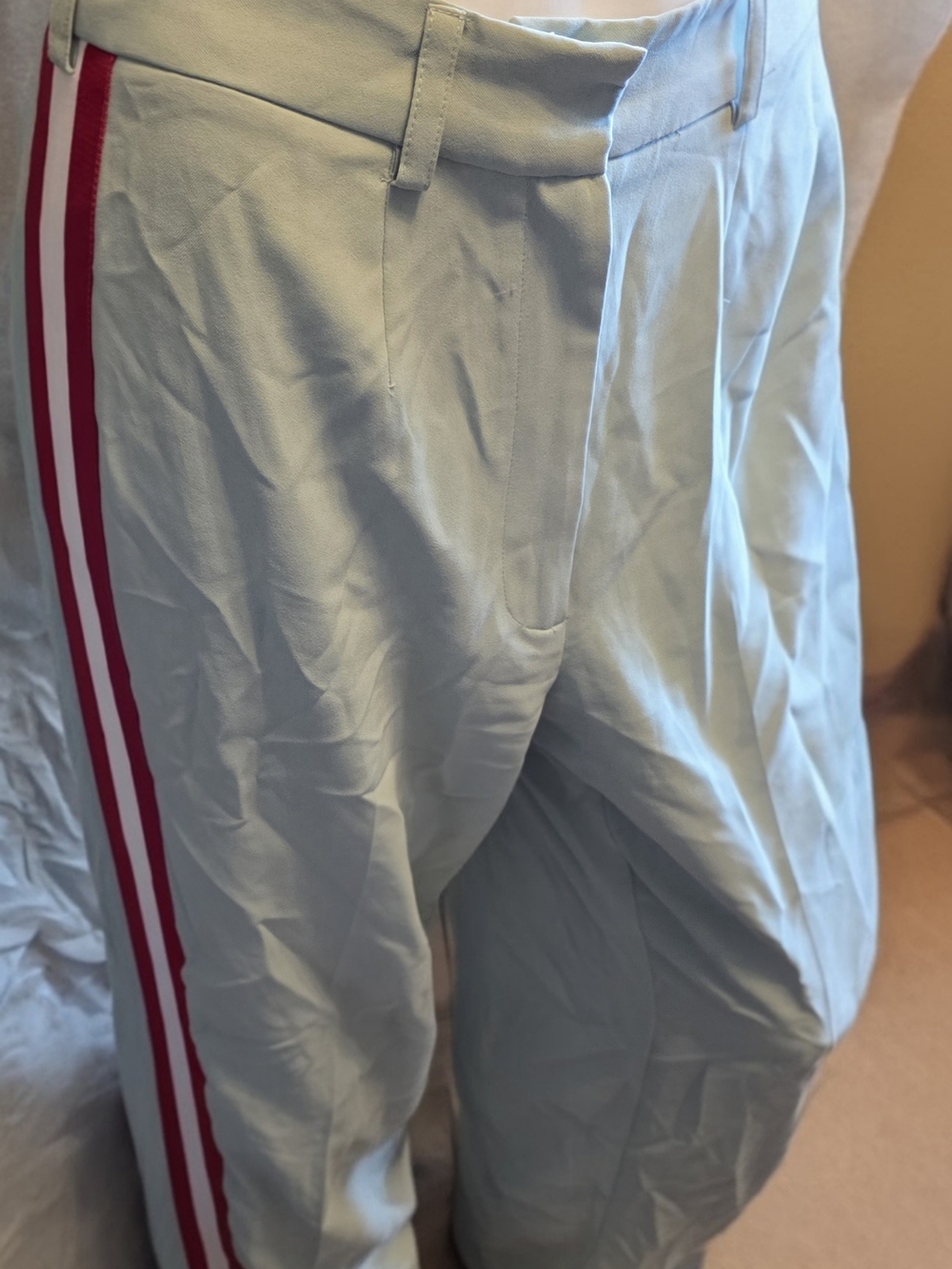 Light Green Track Pants with Red & White Side Stripes